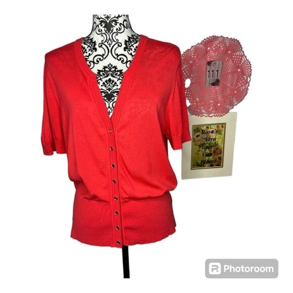 White House Black Market Snap Front Short Sleeve Orange Sweater Blouse Size XL - Picture 2 of 12